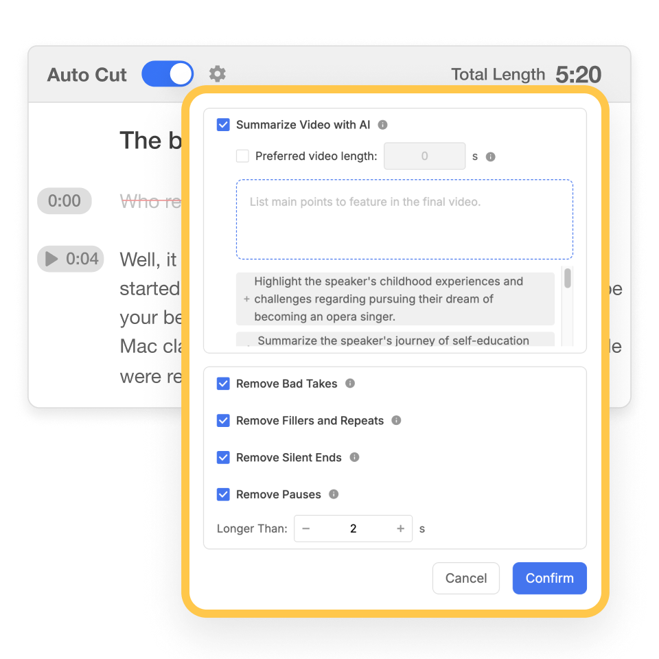 Visla AI editing panel showing auto cleanup features like filler removal and silence trimming.
